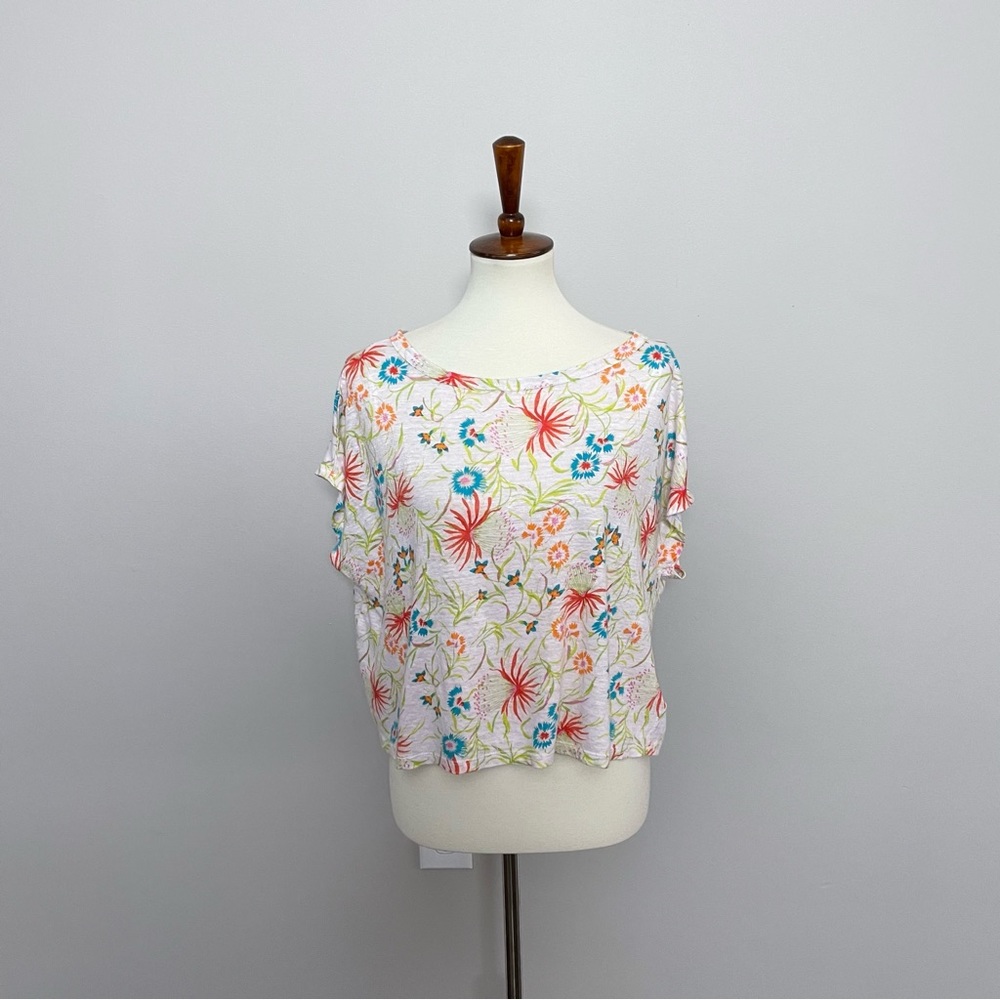Joie Top Linen Cropped Boxy Floral Tropical Lightweight Bold White Green Red